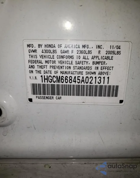 2005 Honda Accord Ex from USA, damaged, VIN 1HGCM66845A021311